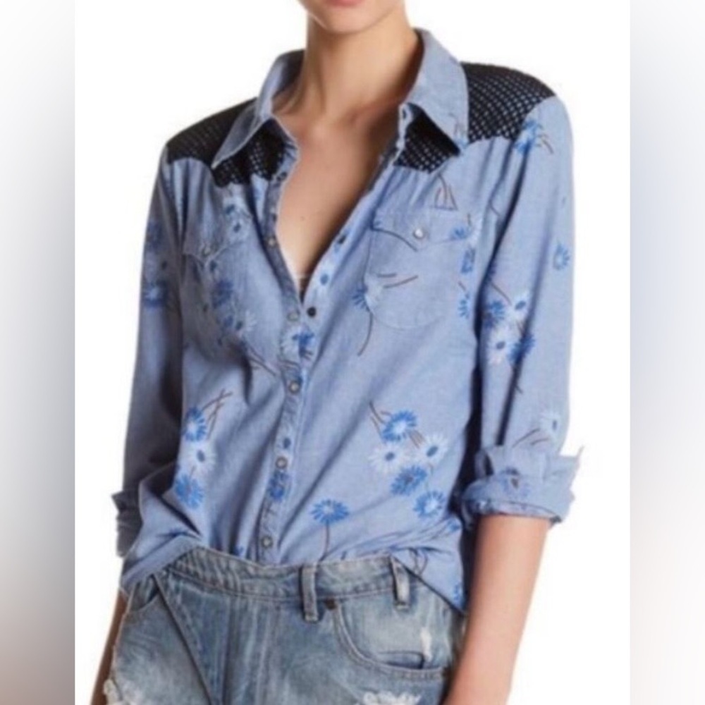 One Teaspoon Chambray Floral Western Button Down Top